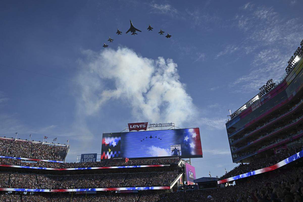 A military fly over before the start of Super Bowl LX at Levi’s Stadium in Santa Clara on Sunday, Feb. 8, 2026.