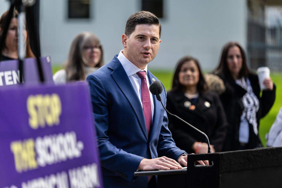 Assemblymember Bill Essayli, R-Corona, talks during a press conference about three new bills related to transgender issues that he and fellow Assembly Republicans are introducing on Friday, Feb. 14, 2025 at the state Capitol.
