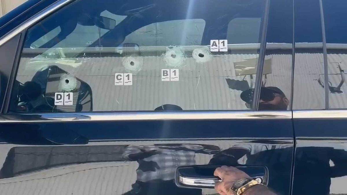 Bullet holes are seen in the driver side window of Satinder Pal Singh Raju vehicle following a shooting on Interstate 505 in rural Yolo County. The Woodland resident and Khalistan movement leader said he believes the incident may have been an act of transnational repression by India, which opposes the movement.