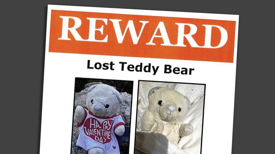 A flyer offers a reward for Brianda Cuellar's lost teddy bear, which was last seen at the California State Fair. 