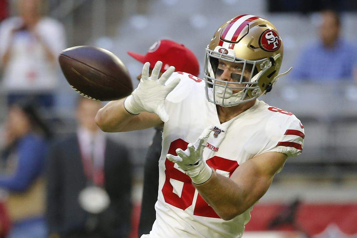 San Francisco 49ers tight end Ross Dwelley (82) during the first half of an NFL football game against the Arizona Cardinals, Thursday, Oct. 31, 2019, in Glendale, Ariz. (AP Photo/Rick Scuteri)