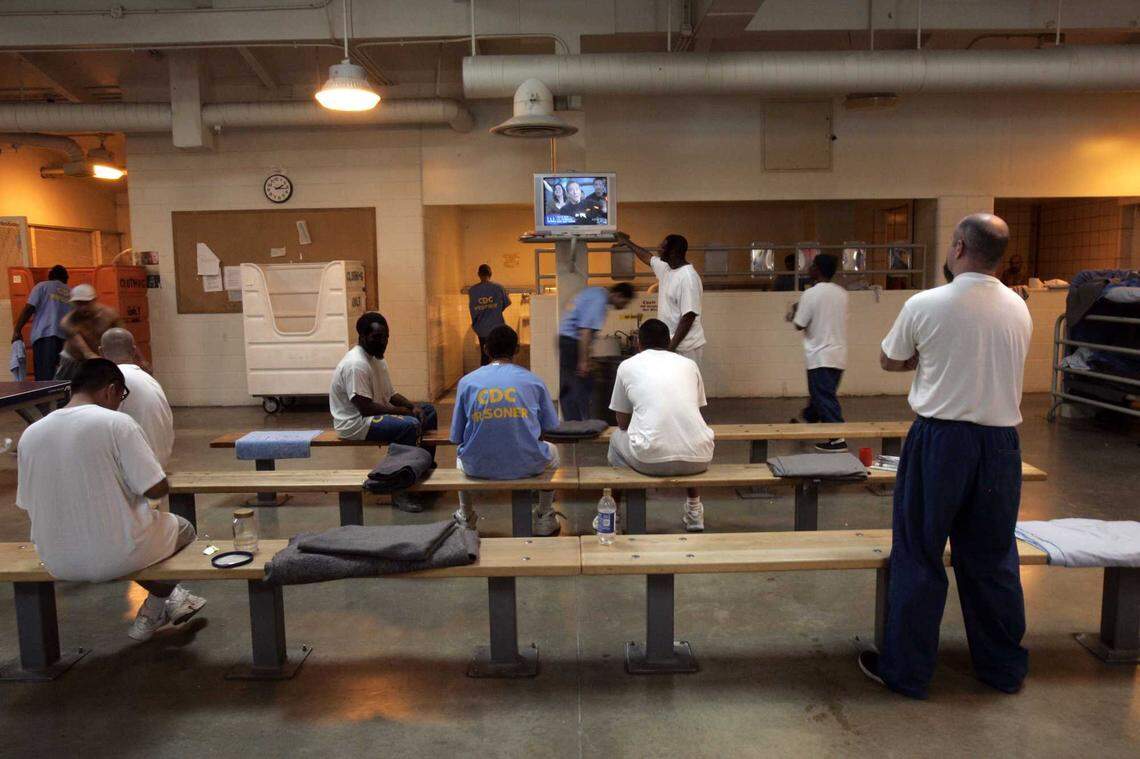 This 2007 file photo shows inmates watching television at the California State Prison, Los Angeles County, in Lancaster. An inmate at California State Prison, Los Angeles, in Lancaster has tested positive for the coronavirus. It is the first known case of an inmate inside the stateâs sprawling and overcrowded jail system.Â&nbsp;