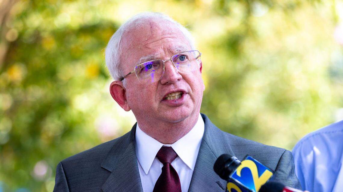 John Eastman, who represented former President Donald Trump in several lawsuits related to the 2020 election, makes a statement to the press outside the Fulton County Jail in Atlanta, after being booked in August 2023 in the Georgia election interference case.