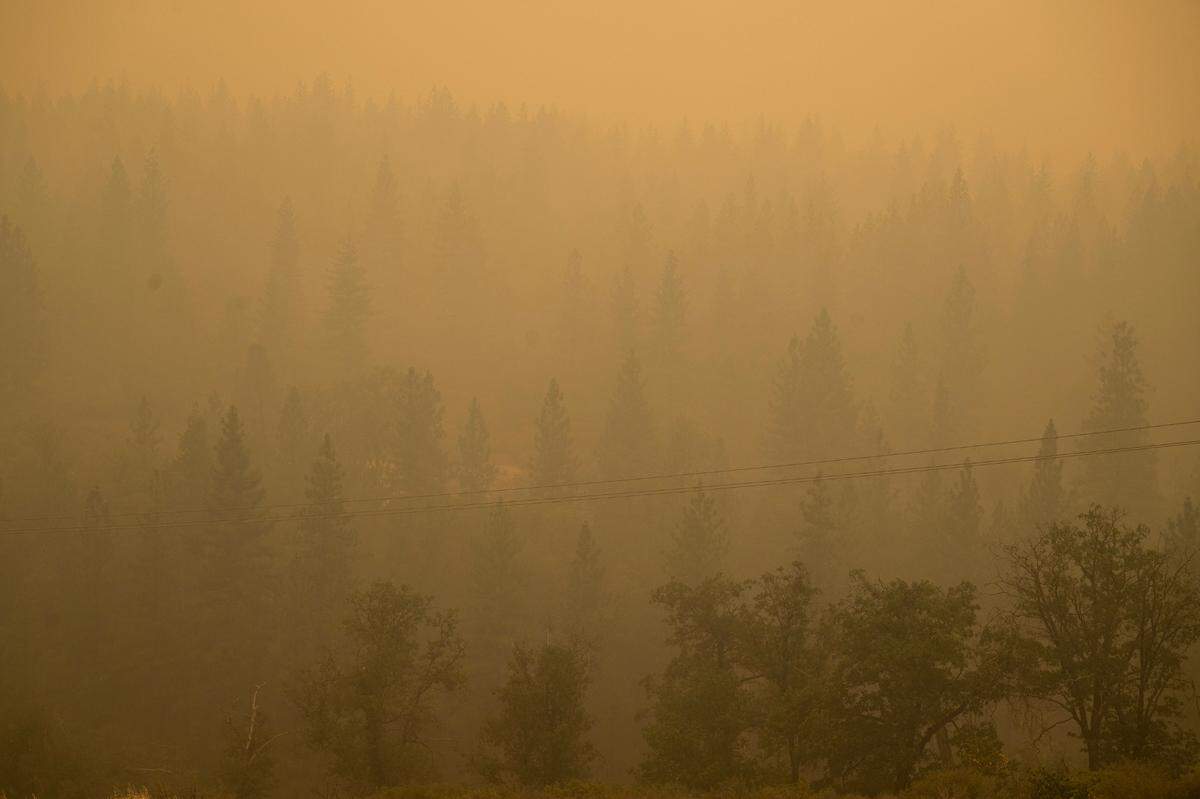 Smoke from the Park Fire fills a valley near Highway 36, northeast of Red Bluff in Tehama County, on Saturday, July 27, 2024.