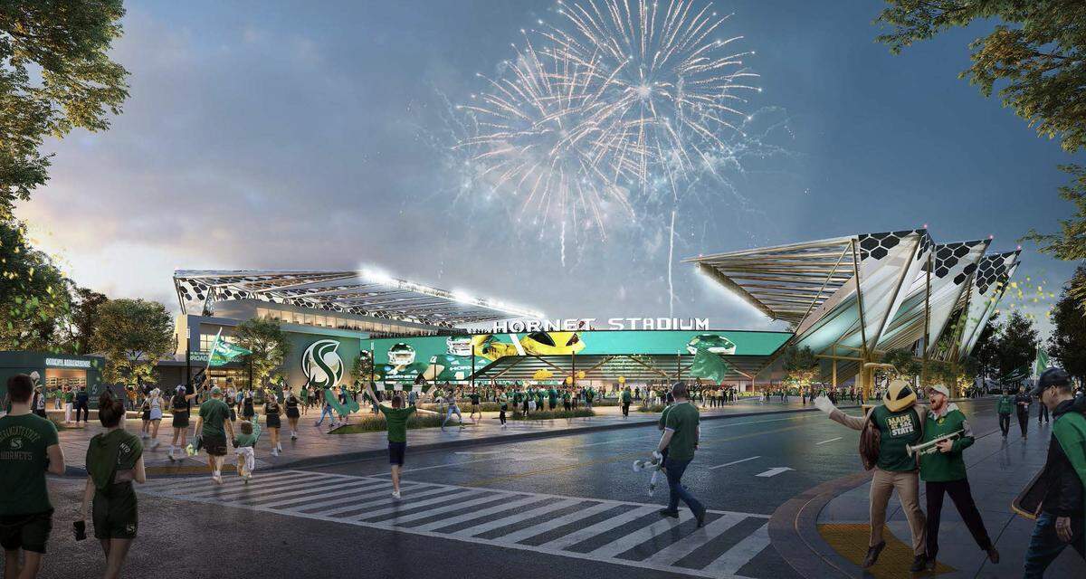 A rendering released shows the exterior of a new Hornets Stadium at Sacramento State.