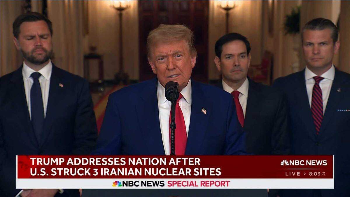President Donald Trump, flanked by Vice President JD Vance, Secretary of State Marco Rubio and Defense Secretary Pete Hegseth speaks from the East Room of the White House on Saturday, June 21, 2025, following a targeted attack on three sites in Iran by American bombers.
