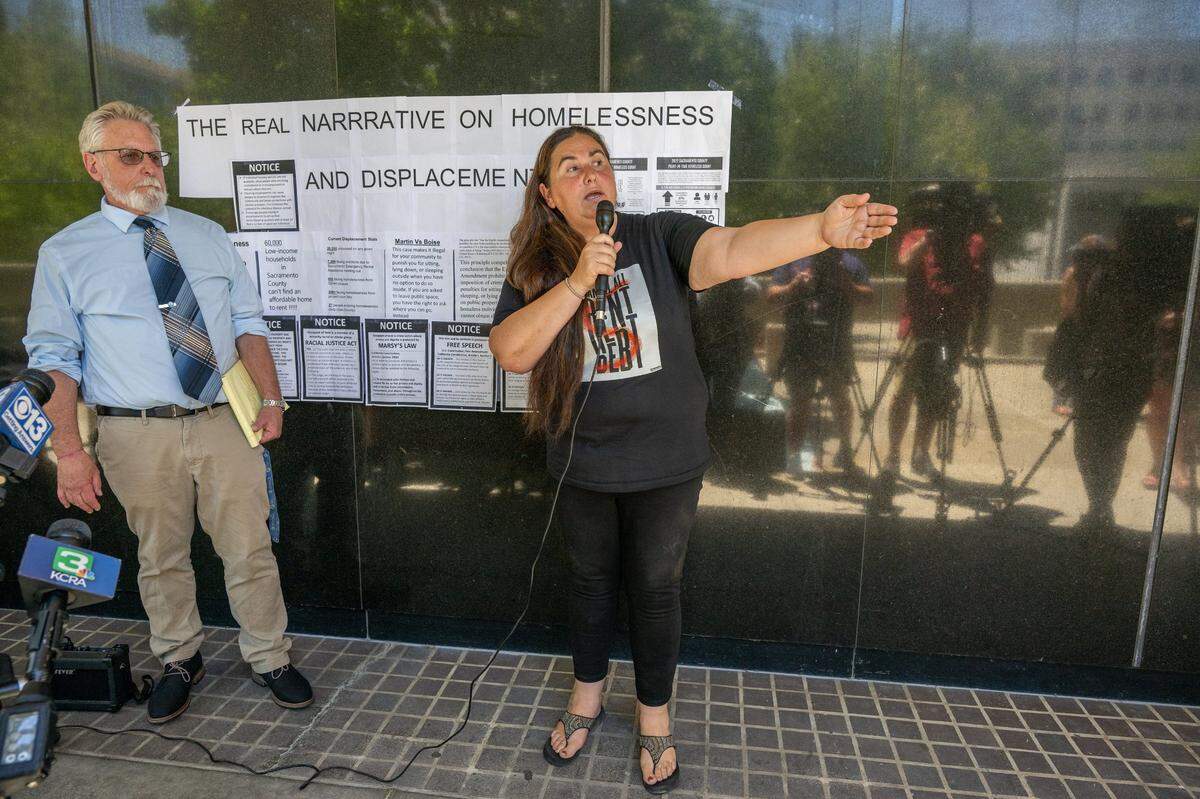 California Homeless Union attorney Anthony Prince, left, and Crystal Sanchez, President of the Sacramento Homeless Union, speak to media Tuesday about a letter sent to Mayor Darrell Steinberg by a presiding judge of the Superior Court of California, urging the mayor to clear homeless encampments near the downtown courthouse. “We are worried as to whether a homeless person can get justice in this courthouse,” said Prince.