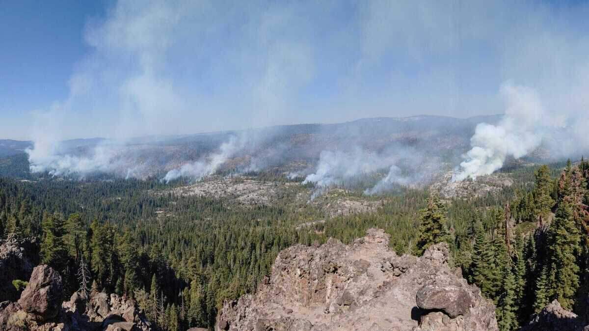 Smoke is seen rising from the Caples Fire in the Eldorado National Forest in El Dorado County on Oct. 9, 2019. The Caples Fire started as a prescribed burn Sept. 30 to reduce fuel and create defensible space. But when winds changed, rapidly pushing flames south and west, officials declared it a wildfire to obtain additional fire fighting resources.