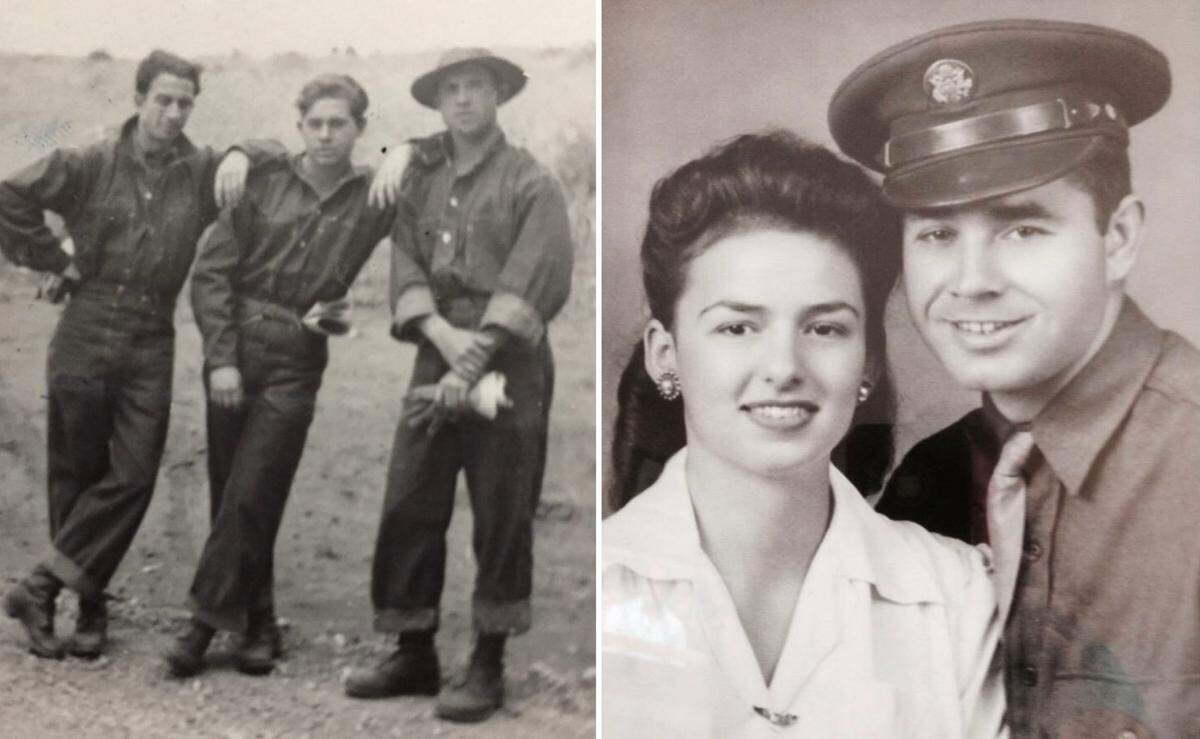 Left photo: Edward J. Stephens Jr., center, stands with fellow inmates at Preston Castle, where he lived from 1939 until the beginning of 1942. Right photo: Stephens with his wife Alice after they married, before he departed to serve in World War II.