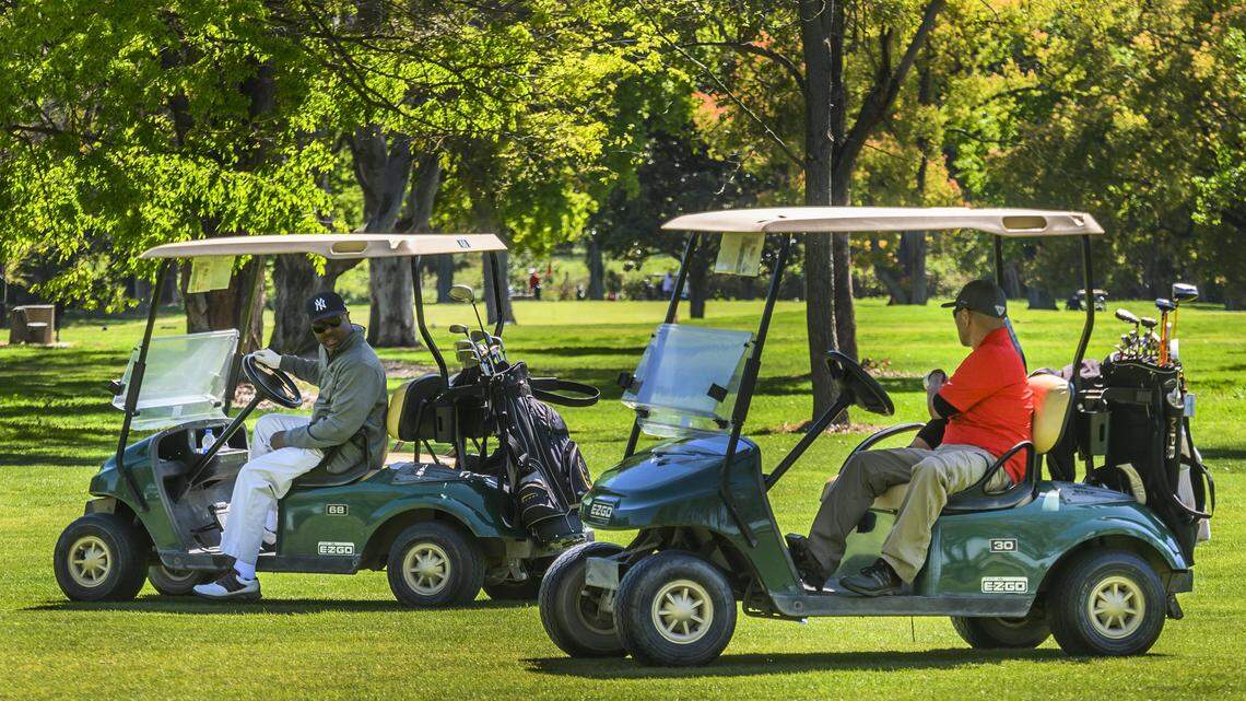 Golfers drive carts at Bing Mahoney Golf Course in Sacramento in 2020.