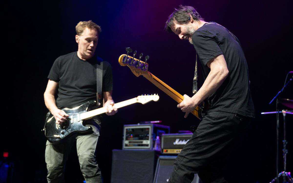 Lead vocalist Bret Domrose, left, and bassist Keanu Reeves perform with Dogstar on Saturday, Sept. 14, 2024, at the Hard Rock Live Sacramento near Wheatland.
