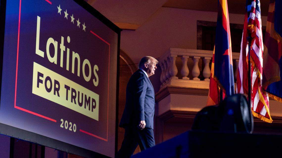 President Donald Trump arrives for a Latinos for Trump Coalition roundtable at Arizona Grand Resort & Spa, Monday, Sept. 14, 2020, in Phoenix. (AP Photo/Andrew Harnik)