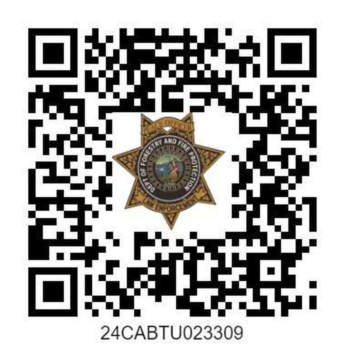 A QR code linking to a evidence portal for members of the public to submit photos or videos associated with the Dec. 11, 2024, fire at Bidwell Mansion State Historic Park.