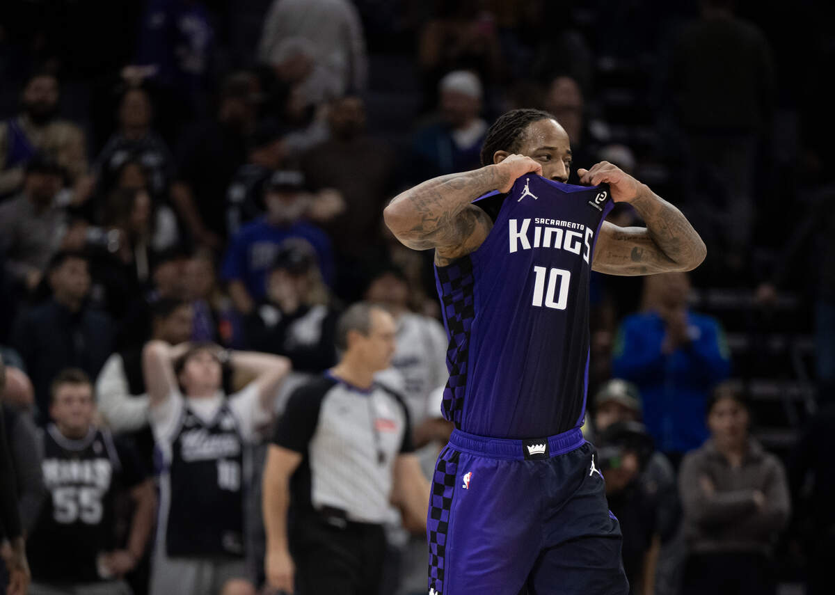 Sacramento Kings guard/forward Demar DeRozan shows frustration after missing a 3-point shot attempt at the end of a game against the Dallas Mavericks on Tuesday at Golden 1 Center in Sacramento.