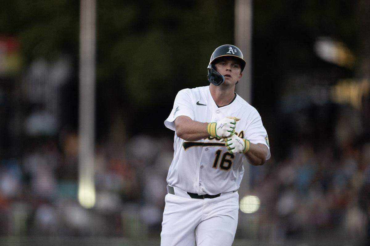 Athletics hitter Nick Kurtz rounds the bases after hitting a three-run home run off San Francisco Giants pitcher Tyler Mahle in the bottom of the fifth inning May 15 at Sutter Health Park in West Sacramento.