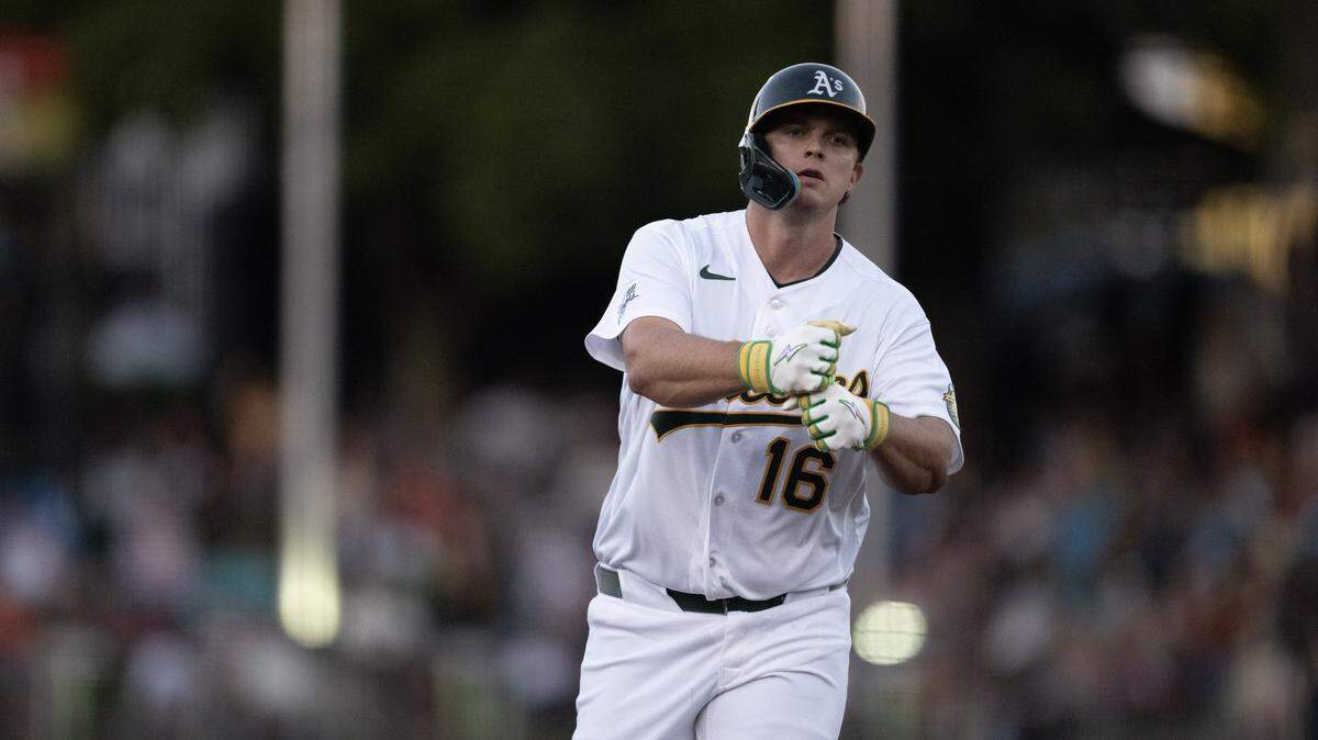 Athletics hitter Nick Kurtz rounds the bases after hitting a three-run home run off San Francisco Giants pitcher Tyler Mahle in the bottom of the fifth inning Friday at Sutter Health Park in West Sacramento.