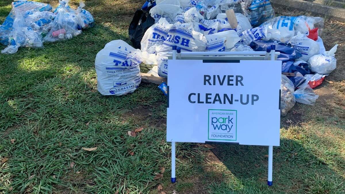 Trash collected by volunteers at Ancil Hoffman Park for the annual Great American River Cleanup on Saturday,.