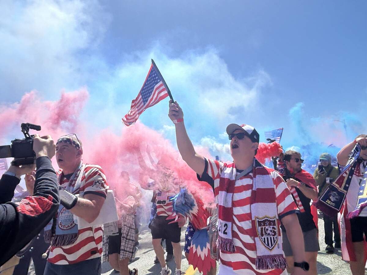 U.S. men’s soccer fans march toward Levi’s Stadium for the World Cup Round of 32 game Wednesday between the U.S. and Bosnia and Herzegovina in Santa Clara.