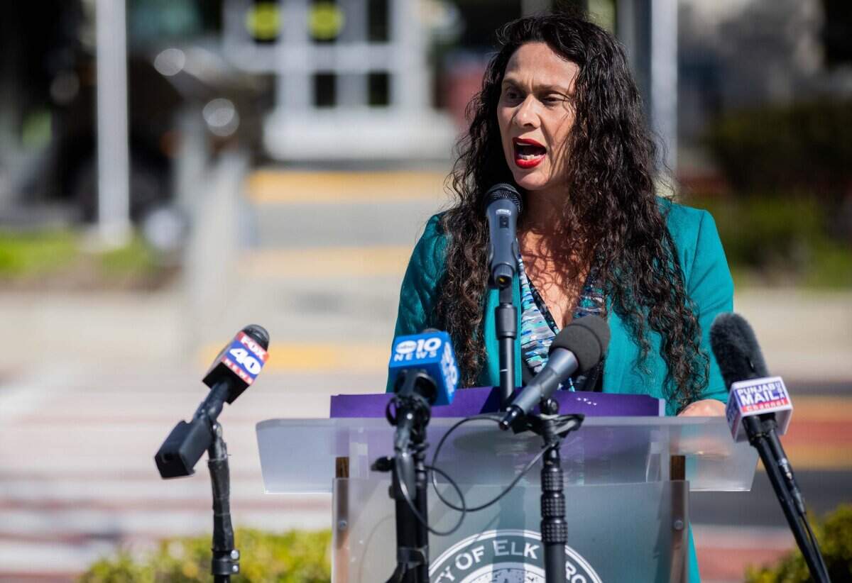 Elk Grove Mayor Bobbie Singh-Allen speaks at a press conference at Elk Grove City Hall in March condemning hate against the Asian-American Pacific Islander community and outlining plans to increase public safety.