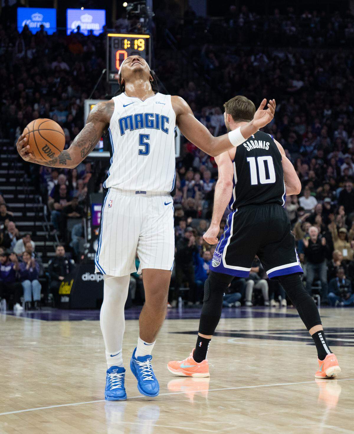 Orlando Magic forward Paolo Banchero (5) reacts after botched play during an NBA game at Golden 1 Center on Wednesday, Jan. 3, 2024. The Kings won138-135 in double overtime.