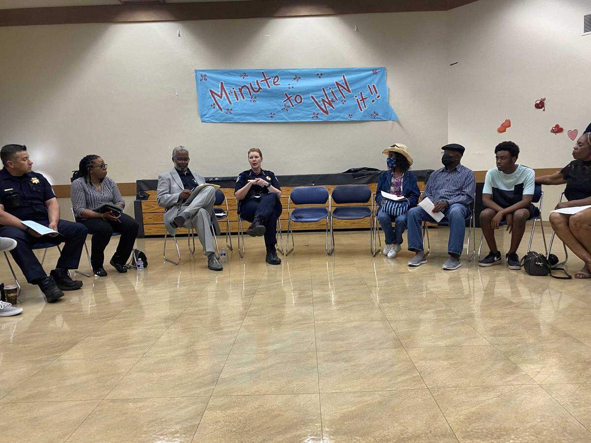 Sacramento Police Chief Kathy Lester discusses ways to reduce violent crime this summer with residents on Wednesday at the Oak Park Community Center in Sacramento.
