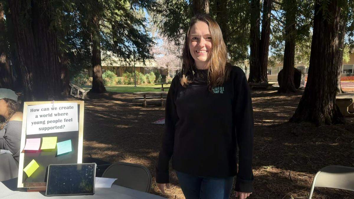 A student ambassador promotes the Certified Wellness Coaches pathway during Welcome Back Day at Shasta College. 