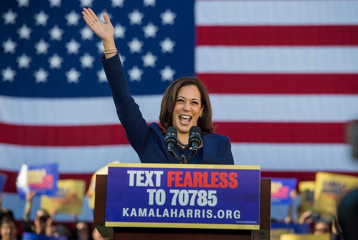 Then-Sen. Kamala Harris waves to supporters after announcing her 2020 presidential campaign in Oakland in 2019.