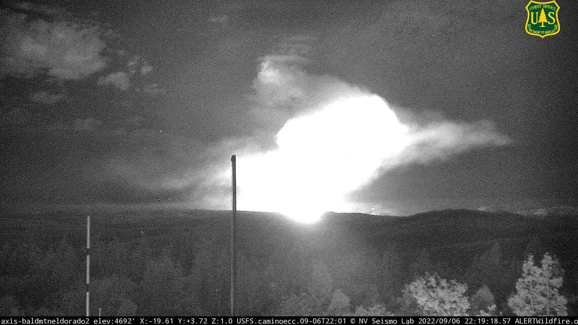 A plume of smoke from the Mosquito Fire is seen in an image captured by a camera atop Bald Mountain in El Dorado County on Tuesday, Aug. 6, 2022. The Mosquito Fire is burning 4 miles east of Foresthill and had consumed 50 acres by 10 p.m.