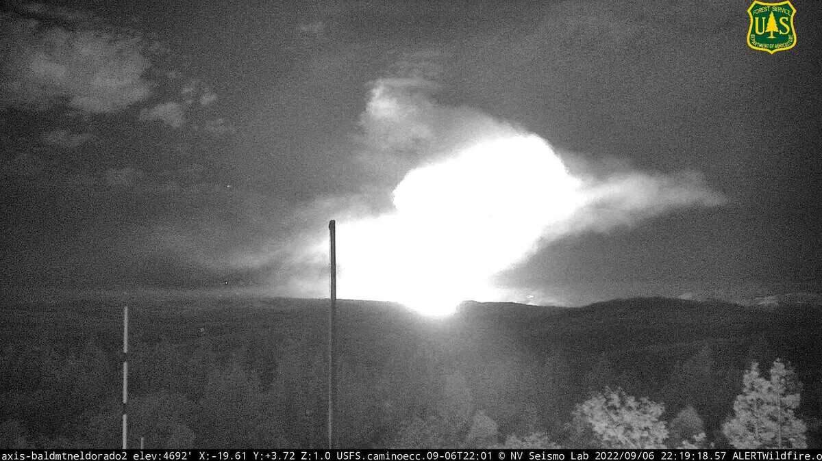 A plume of smoke from the Mosquito Fire is seen in an image captured by a camera atop Bald Mountain in El Dorado County on Tuesday, Aug. 6, 2022. The Mosquito Fire is burning 4 miles east of Foresthill and had consumed 50 acres by 10 p.m.