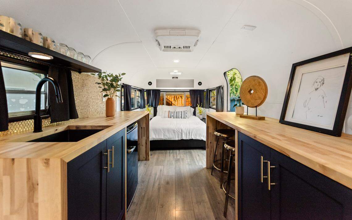 The interior of one of the units in the tiny home village in Topanga, California.
