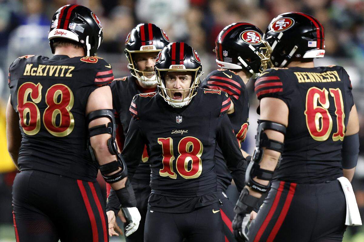 SANTA CLARA, CALIFORNIA - JANUARY 03: Eddy Pineiro #18 of the San Francisco 49ers reacts after kicking a field goal against the Seattle Seahawks at Levi's Stadium on January 03, 2026 in Santa Clara, California. (Photo by Lachlan Cunningham/Getty Images)