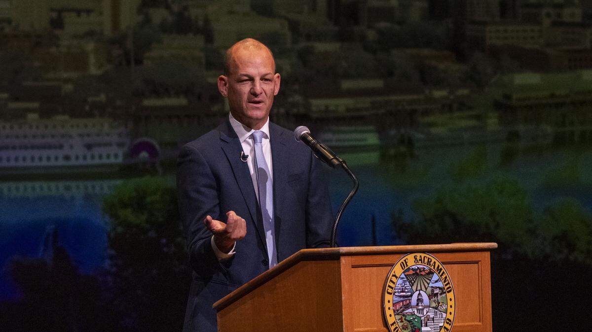 Sacramento Mayor Kevin McCarty gives his first State of the City address on Monday, Oct. 20, 2025 at the B Street Theatre in Sacramento. In a recent city poll, voters were less favorable about the city government than the mayor. 