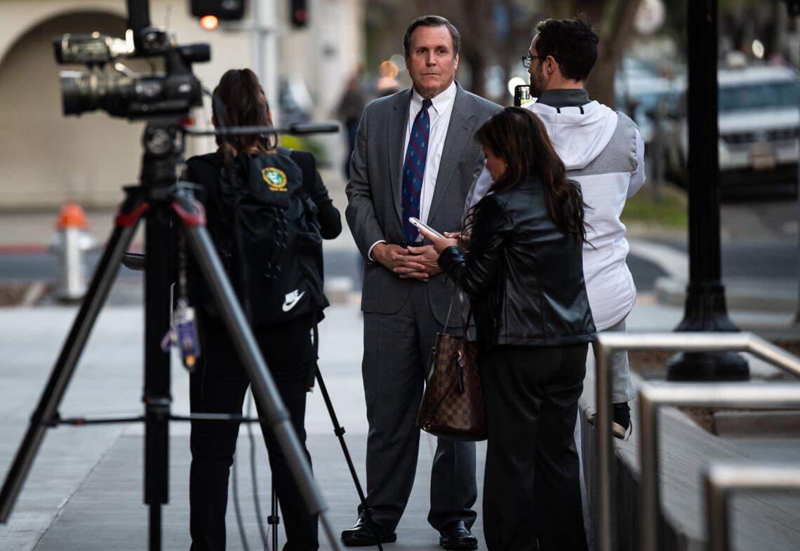 Minority Leader State Sen. Scott Wilk, R-Santa Clarita, addresses media after Gov. Gavin Newsom’s 2022 State of the State address. Wilk and other Republicans are backing a bill that would suspend the gas tax.