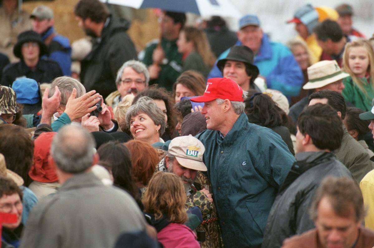 President Bill Clinton, works the crowd after the dedication of the 3,700-acre Yolo Bypass Wildlife Area near Davis Saturday, Nov. 15, 1997.