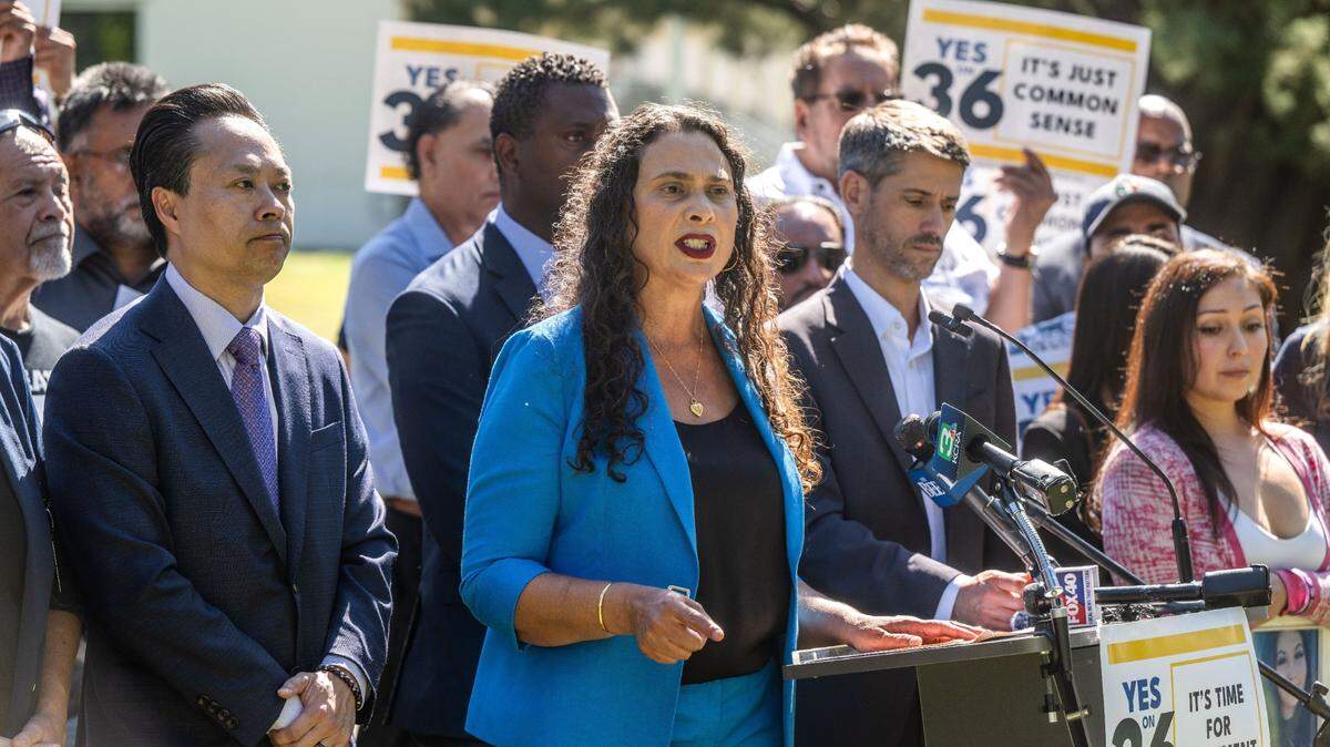 Elk Grove Mayor Bobbie Singh-Allen joins other locally elected Democrats to speak in favor of Proposition 36 at the state Capitol in August. Singh-Allen has clinched a third term as Elk Grove mayor by wide margins, election returns show.