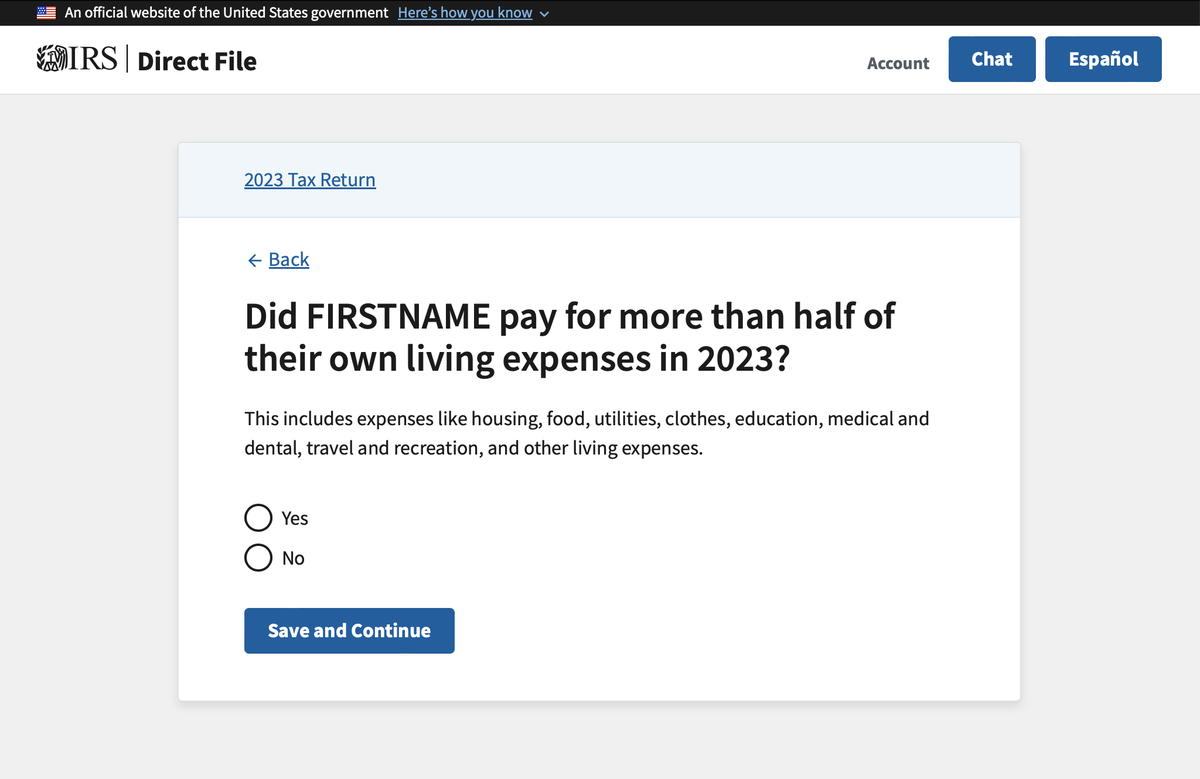 A screenshot of the IRS Direct File pilot program asks if the user paid for more than half of their own living expenses in 2023, including expenses like housing, food, utilities, clothes, education, medical and dental, travel and recreation, and other living expenses.