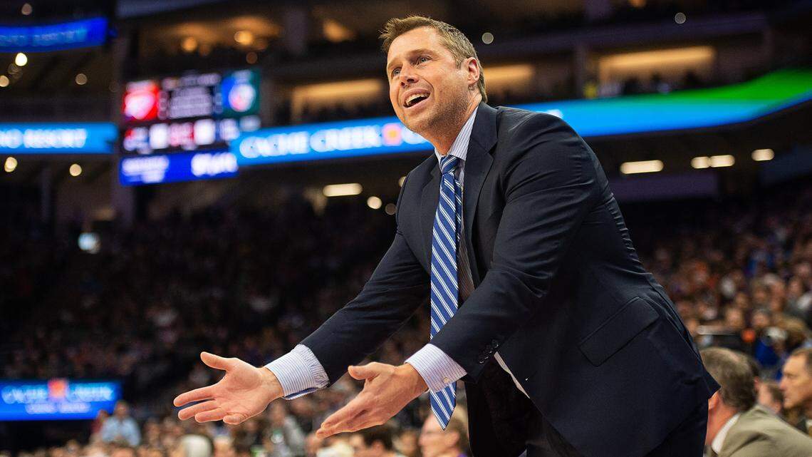 Kings coach David Joerger argues a call during the game against the Oklahoma City Thunder on Monday at Golden 1 Center. The Kings won 117-113.