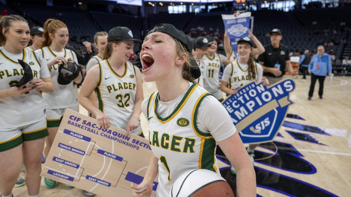 The Placer Hillgals’ Leah Tomchick celebrates following the victory over the East Union Lancers in the Sac-Joaquin Section Division lll championship on Saturday at Golden 1 Center.