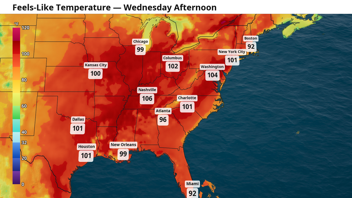 Forecast feels-like temperatures for the afternoon of Wednesday across the eastern U.S.