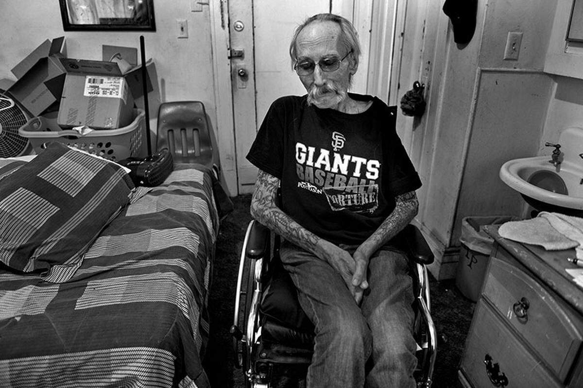 Terry Sackrider sits in the room he has called home for the past five years at the Hotel Marshall. “Who’s going to take me?’ he asked.