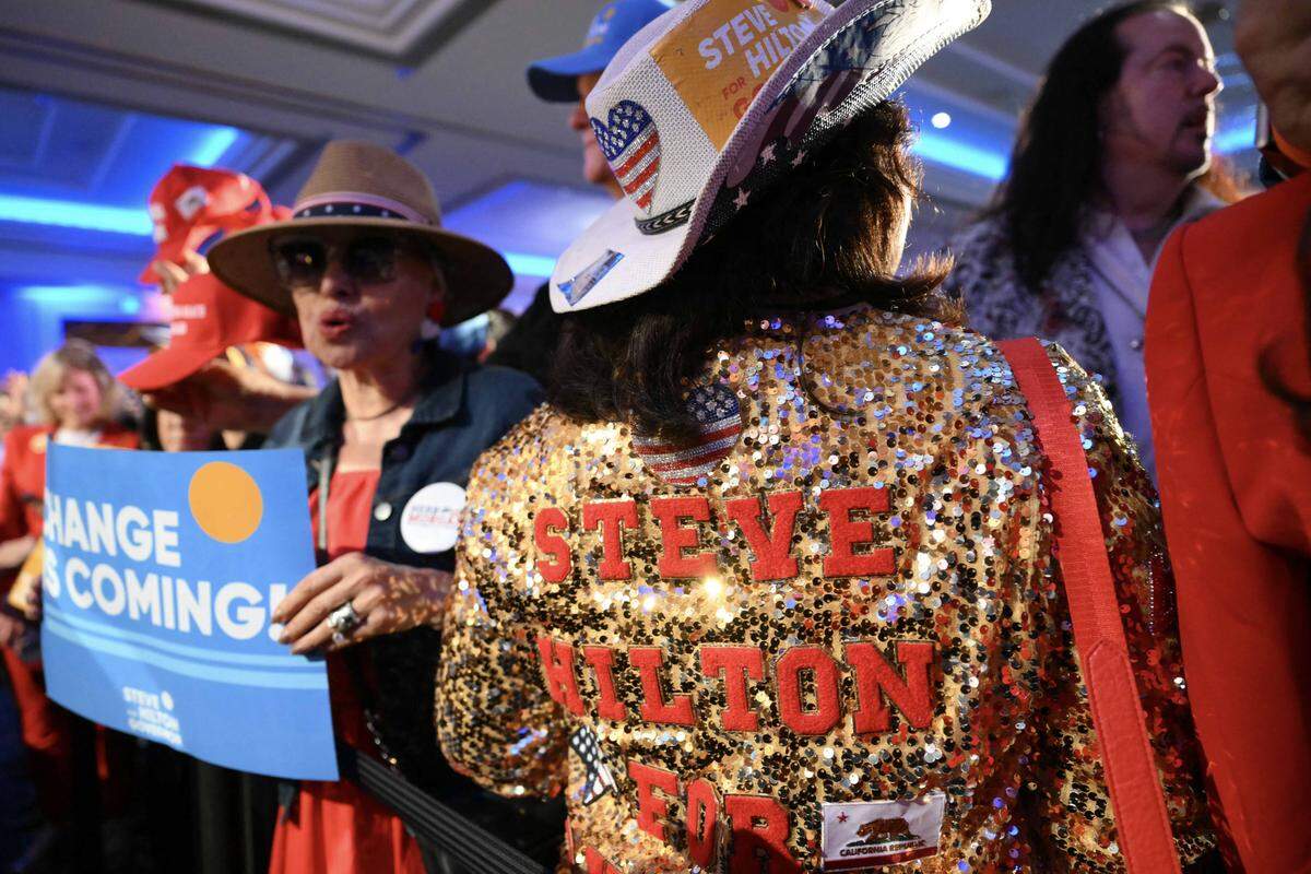 Supporters of Republican California gubernatorial candidate Steve Hilton attend his election night event in Huntington Beach on June 2, 2026.
