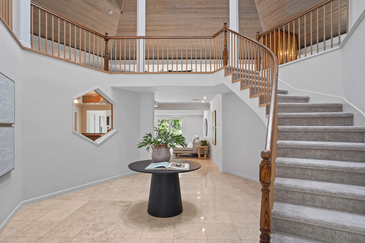 The entrance of the Fair Oaks home on the American River leads up to the kitchen, bedrooms and great room.