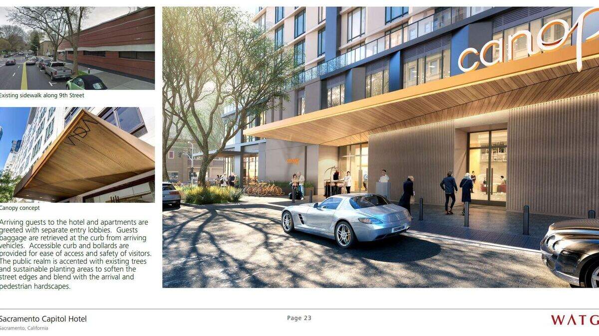 An exterior rendering of the planned 14-story Sacramento Capitol Hotel, by architecture firm WATG.