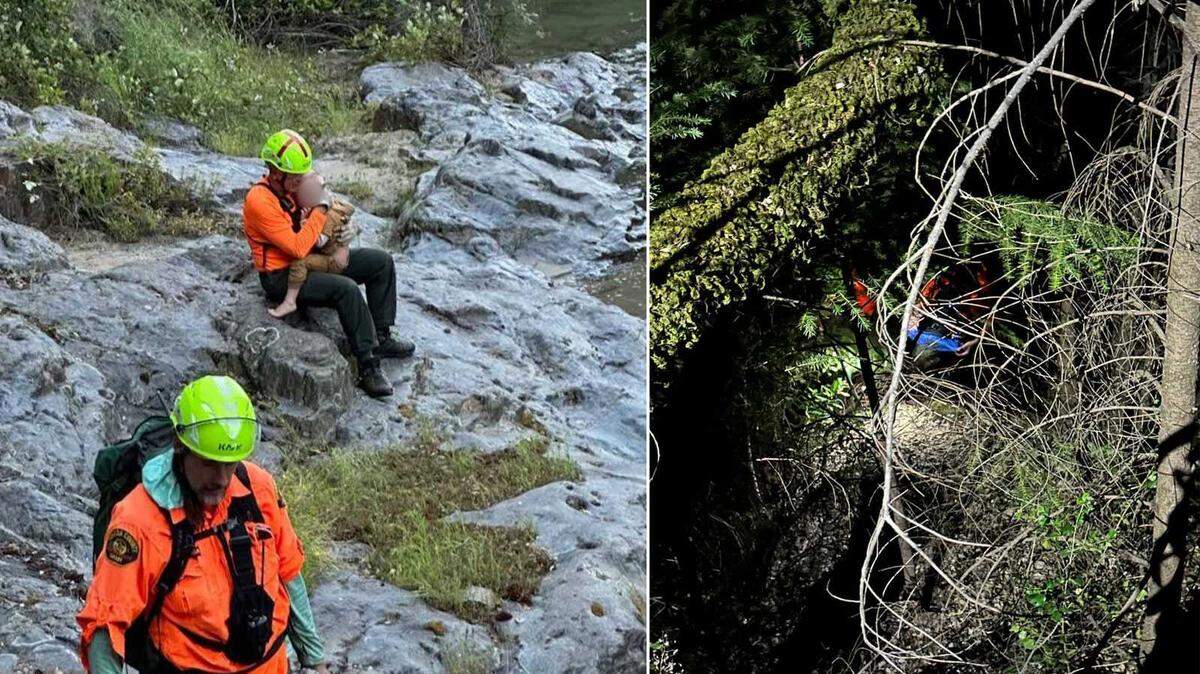 In images released by the Nevada County Sheriff’s Office, search-and-rescue crews are seen rescuing a 3-year-old boy, left, and his 30-year-old mother, who is accused of abducting the boy in a remote part of Nevada County near the South Yuba River. The rescues came after authorities issued an Amber Alert on Friday, June 7, 2024.