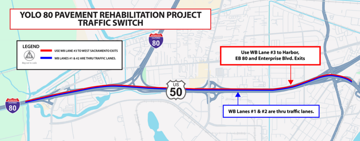 Caltrans recently implemented a lane shift affecting westbound drivers on Highway 50 passing through West Sacramento. No ending date for the lane shift was announced as of Wednesday, March 26.