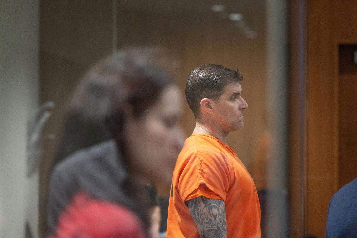 Daniel Serafini, right, listens to during his arraignment on Monday, June 3, 2024, with Samantha Scott, left, at Placer Superior Court. Scott was released pending sentencing as part of a plea agreement in connection with the 2021 shooting of Serafini’s in-laws. Serafini is expected to face trial later this year.