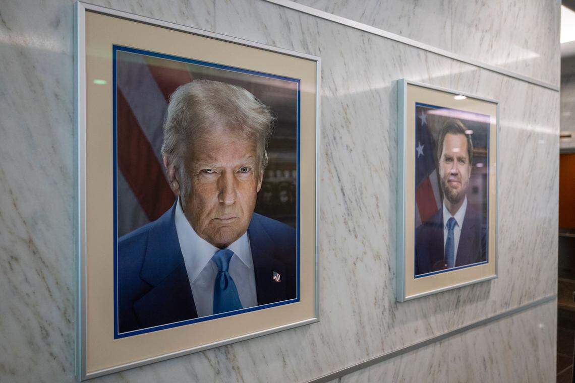 Portraits of U.S. President Donald J. Trump and Vice President JD Vance hang in the lobby of the John E. Moss federal building in downtown Sacramento on Wednesday, June 11 2025.