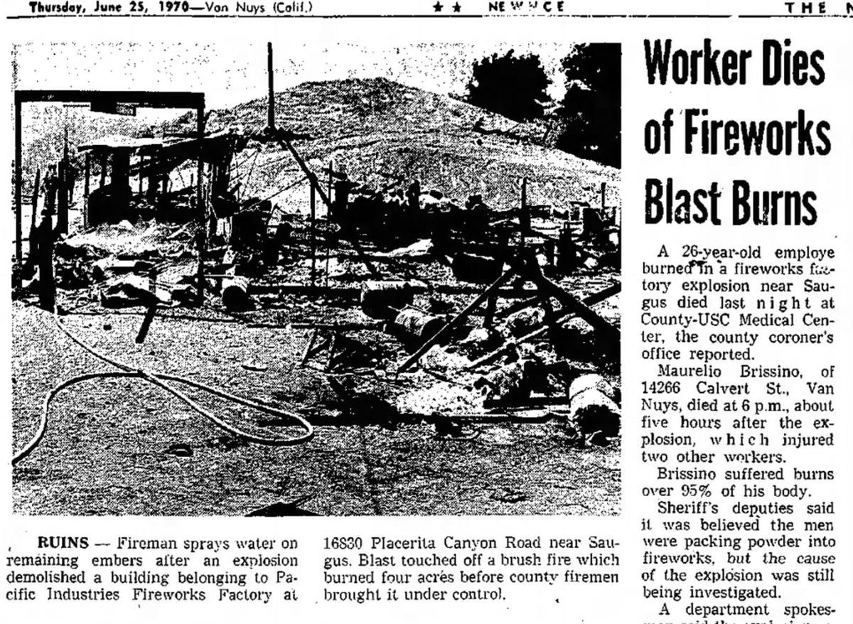 Van Nuys’ Valley News reports on the damage caused by a Pacific Industries Fireworks facility explosion in Santa Clarita, June 1970.