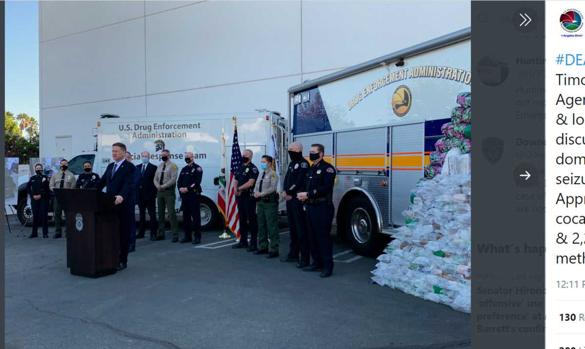 The DEA made a record-setting drug bust after a series of raids in Los Angeles, securing over 2,200 pounds of methamphetamine.