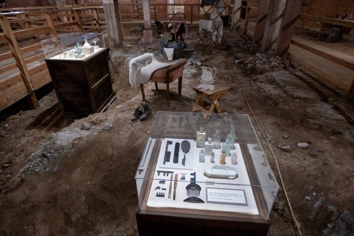 Artifacts from Old Sacramento in the 1800s are displayed on Aug. 23, 2024, in the underground area of the Hall, Luhrs & Company building.